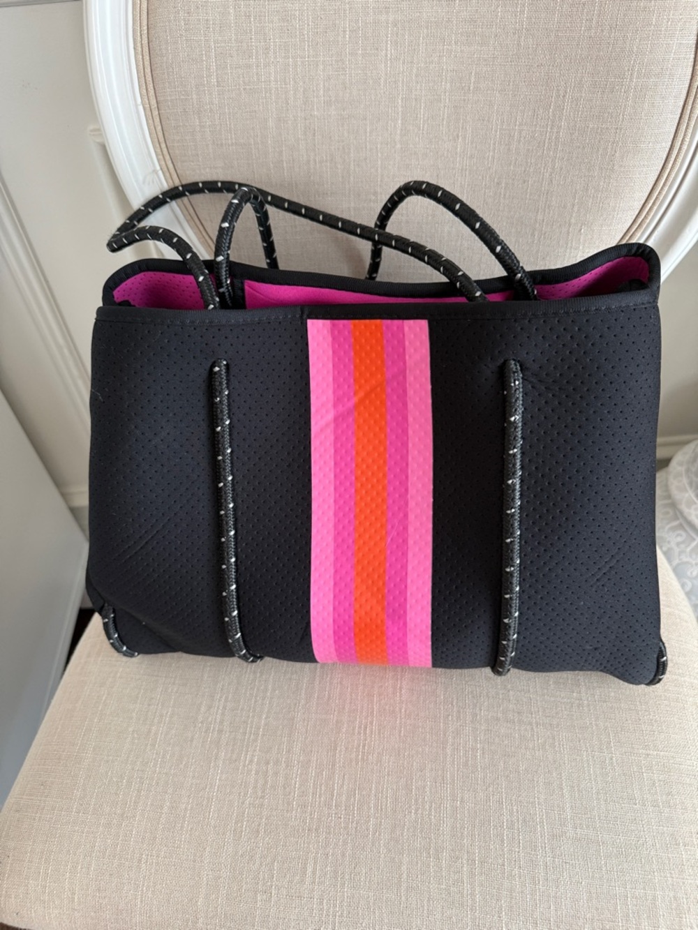 HAUTE SHORE Black Neoprene Tote with Pink & Orange Center Stripe